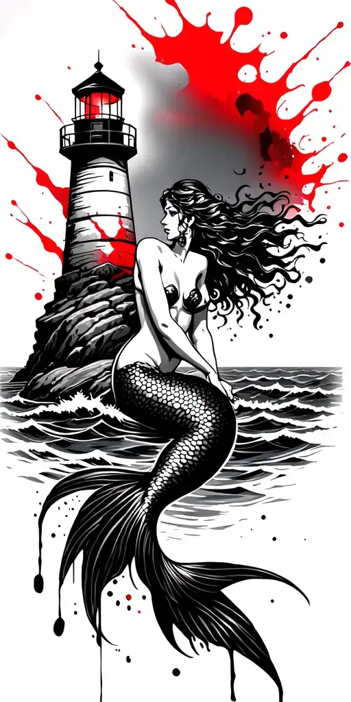 Mermaid Sitting On A Rock And And Lighthouse Over Looking The Ocean