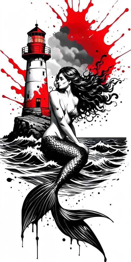 Mermaid Sitting On A Rock And And Lighthouse Over Looking The Ocean