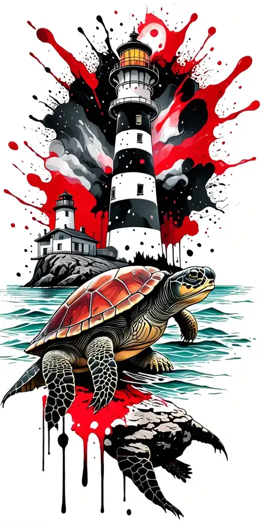 Sea Turtle Sitting On A Rock And And Lighthouse Over Looking The Ocean