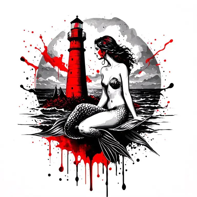 Lighthouse With Mermaid Sitting