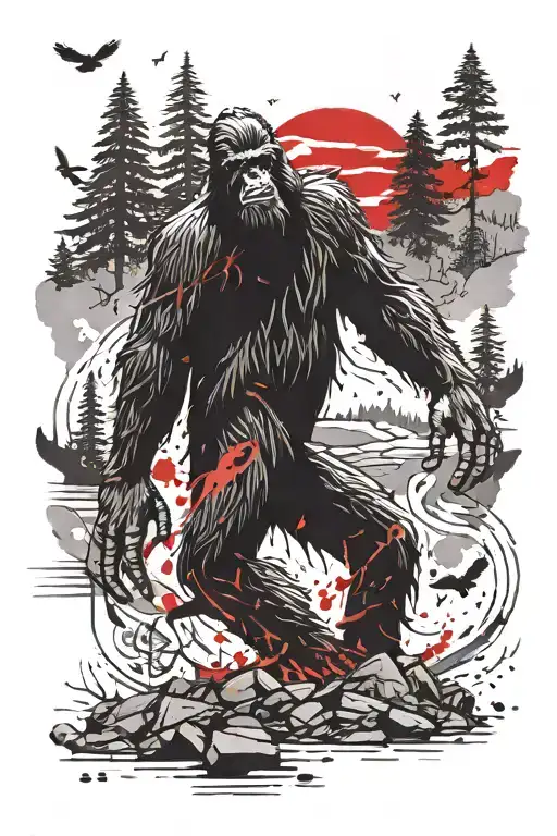 Bigfoot Peeking In Smoky Mountain Scene