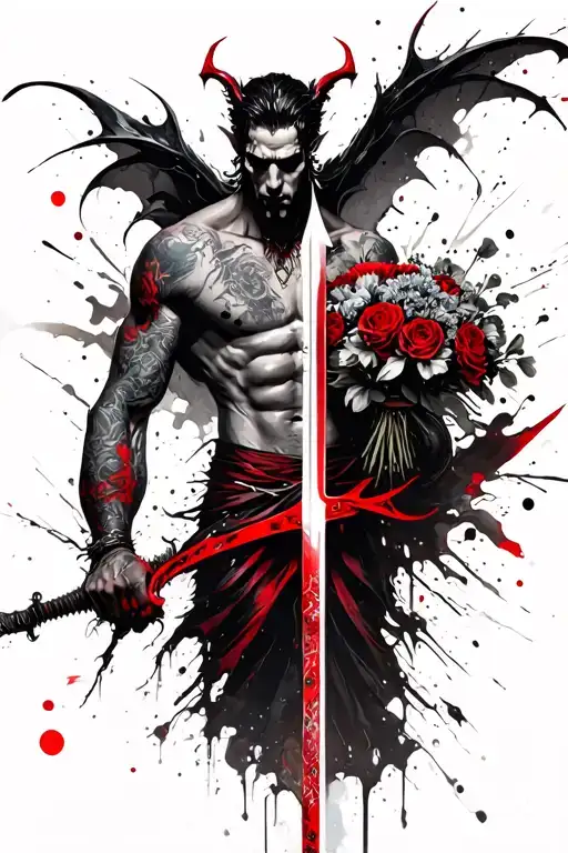 Lucifer With Red Sword In Right Hand Holding A Bouquet