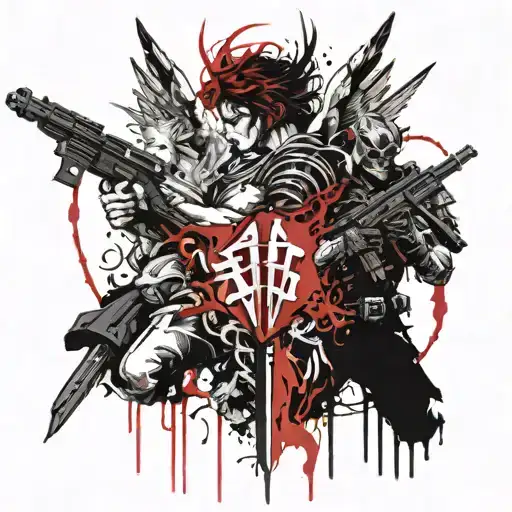 Angel Holding A Sword And Devil Holding A Rifle Intertwined