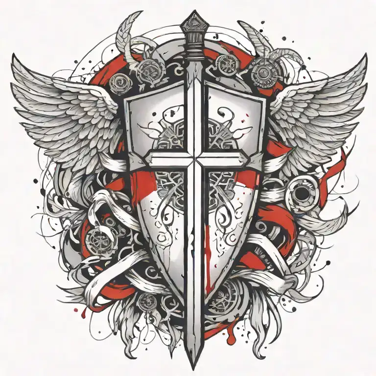 Templar Shield And Sword With Wings Behind A Cross With Ribbon