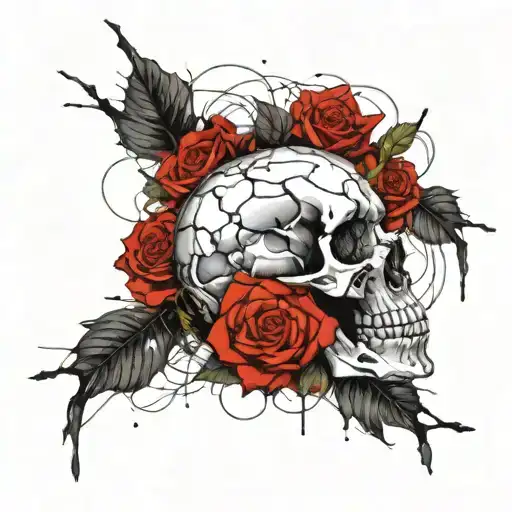 Veiled Skull Wearing Cream Of Roses Intertwined