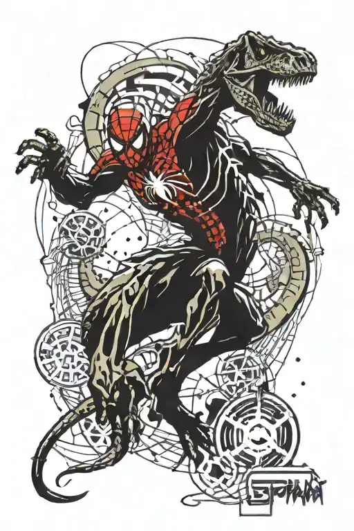 Spider-man Riding A Dinosaur Skeleton