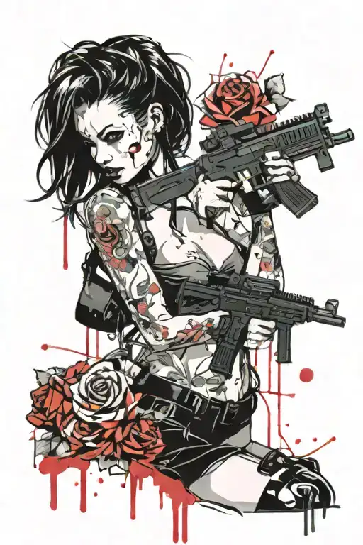 Cyberpunk Pinup Girl With A Mp5 With Roses Behind Her