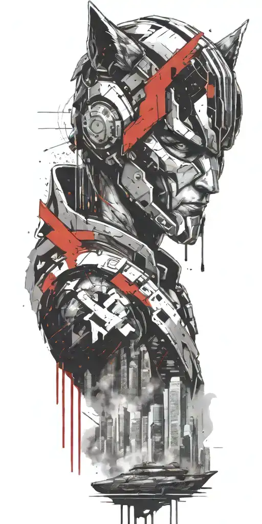 Cyberpunk City With A Spartan Helmet Above And A Wolf