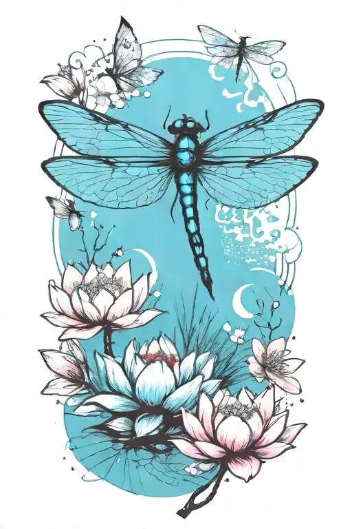 Dragonfly Resting On A Lotus Flower With Cherry Blossom Petals Falling Around Them