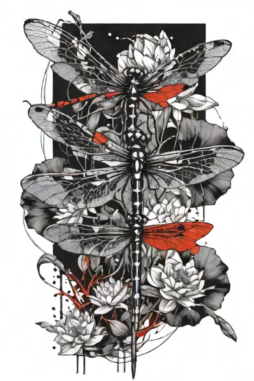 Dragonfly Hovering Above Lotus Flower Growing Roots