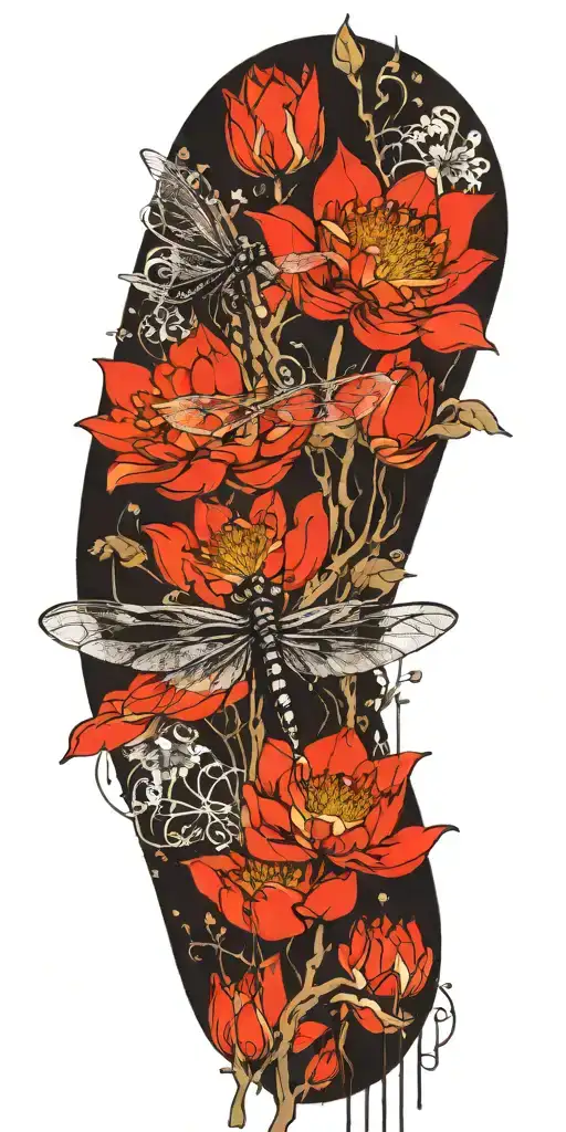 Dragonfly Resting On Lotus Flower Growing Roots