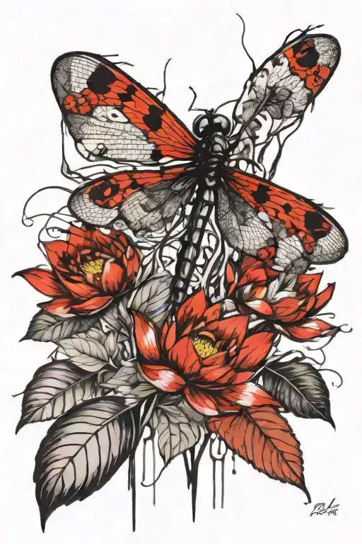 Dragonfly Resting On Lotus Flower Growing Roots