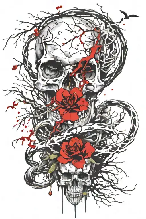 Skull Snake Sakura Tree Intertwined