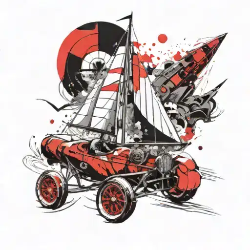 Artistic Interpretation Of A Sailboat And Car Racing Side By Side In A Dotwork Style
