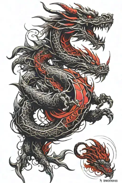 Chinese Dragon With Armor Full Sleeve Tattoo In Black And Red