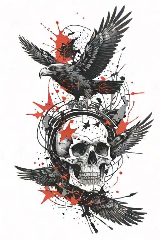 Skull With Five Pointed Stars And A Flying Raven