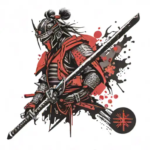 Samurai In Armor With Sakura And Sun