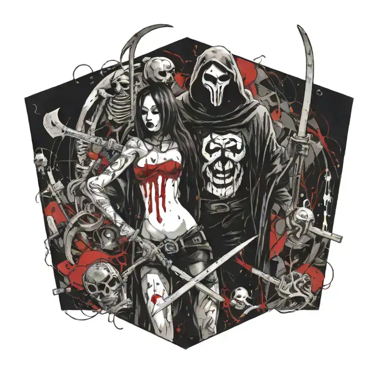 Ghostface Holding A Scythe Girl With Innocent Looking