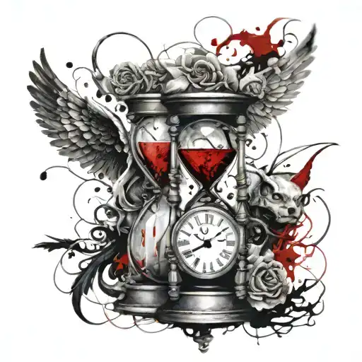 Hourglass With An Angel On The Right And A Demon On The Left