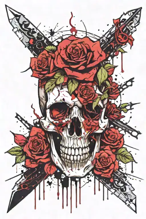 Puzzle Piece Skull Knife Surrounded By Roses