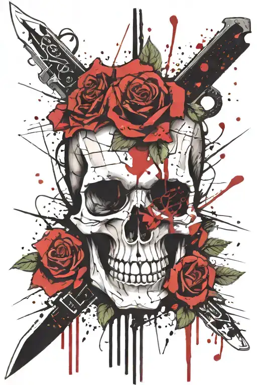 Puzzle Piece Skull Knife Surrounded By Roses
