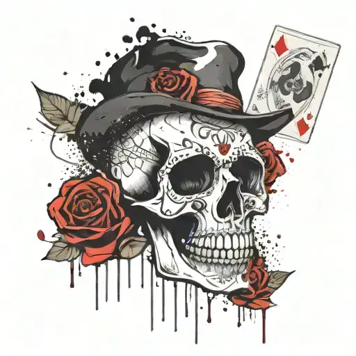 Day Of The Dead Skull With Rose And Ace Cards Behind The Head