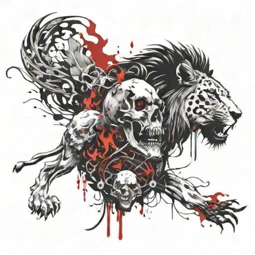 Lion Skulls And Flames Surrounding