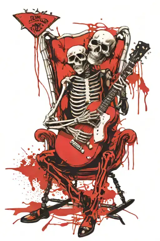 Rockstar Skeleton Sitting In Rocking Chair Playing Guitar