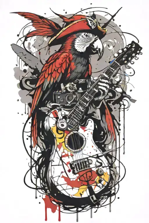 Parrot Pirate Hat Perched On Guitar