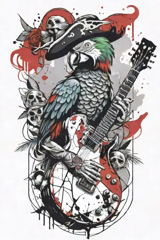 Parrot Pirate Hat Perched On Guitar