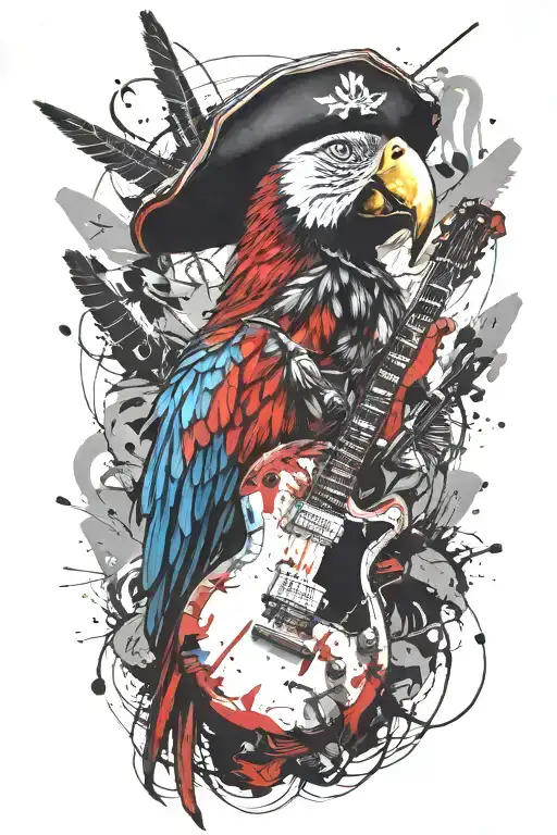 Parrot Pirate Hat Perched On Guitar