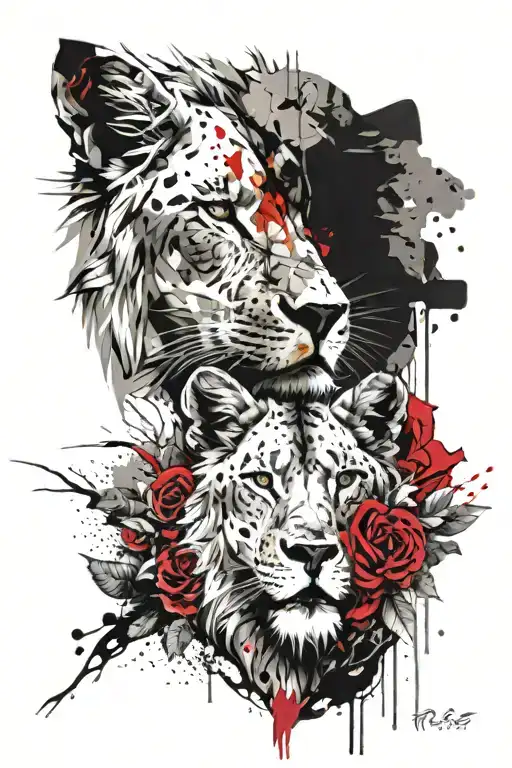Lion And Wolf Blended By Roses