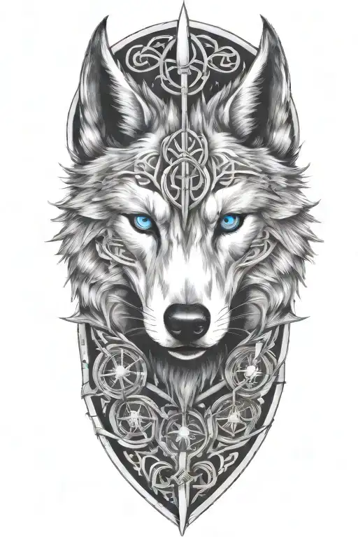 Wolf With Blue Eyes On Armor Tattoo Design Featuring Celtic Trinity Knot