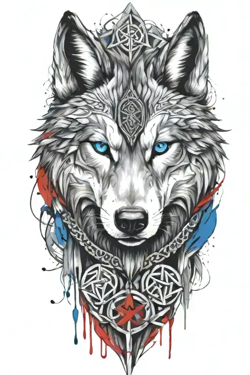 Wolf With Blue Eyes On Armor Tattoo Design Featuring Celtic Trinity Knot