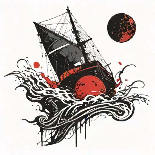 Silhouette Of A Sinking Ship In The Glow Of A Red Moon In Water
