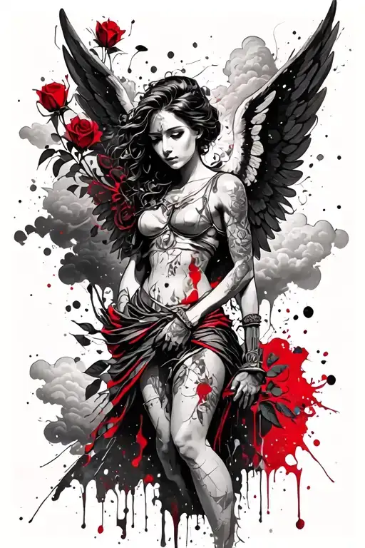 A Female Angel As A Warrior With Some Clouds And A Rose For A Halfsleeve