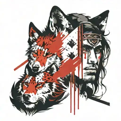 Indios Male Portrait And Wolf Head Beside