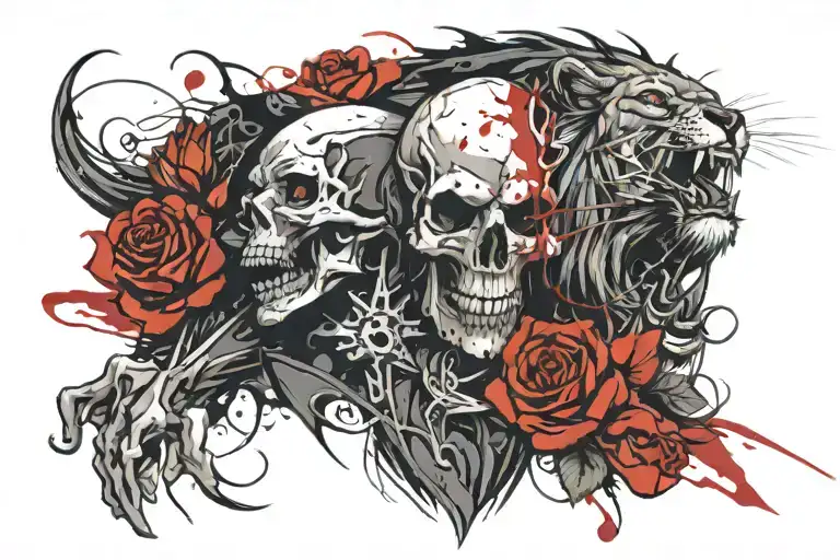 Skull Rose And Lion Roaring