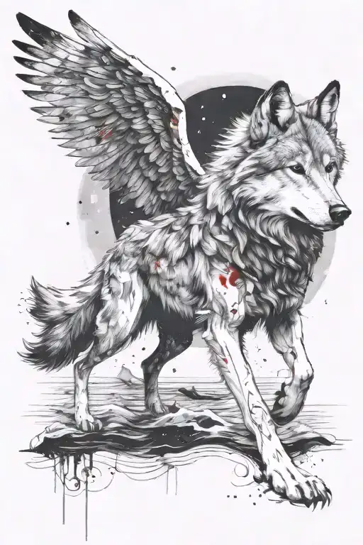 Wolf Dog With Wings And Sea At Back And Moon And Star