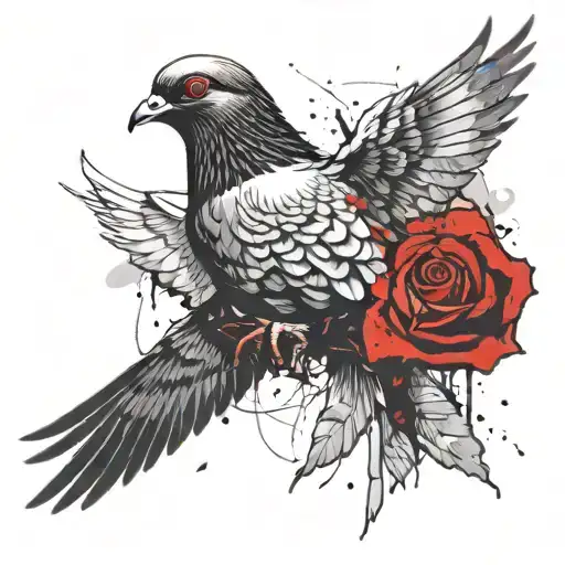 Pigeon Flying With Red Rose