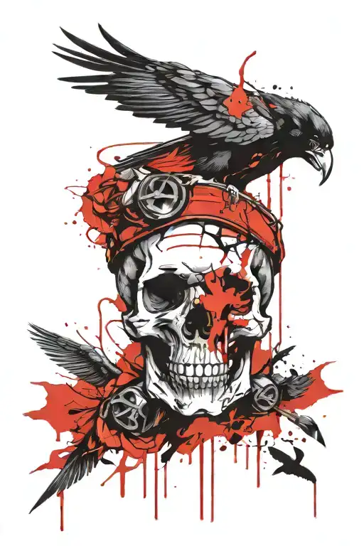 Trash Polka Skull With Crow Flying