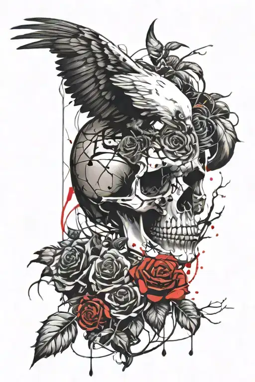 Skull And Crow And Single Rose Intertwined