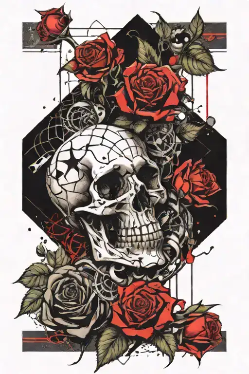 Single Rose Intertwinded With Cros And Small Skull