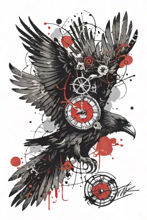 A Majestic Flying Raven Holding A Clock