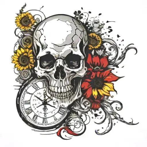 Skull Medusa Greek Mythology With A Clock Backround And Sunflowers And Semicolon
