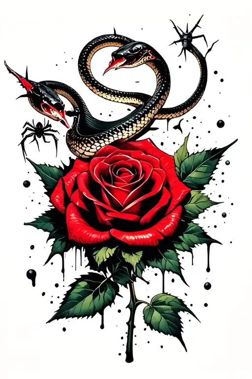 Quicka Snake Wrapped Around A Rose With Thorns And A Spider On The Leaf