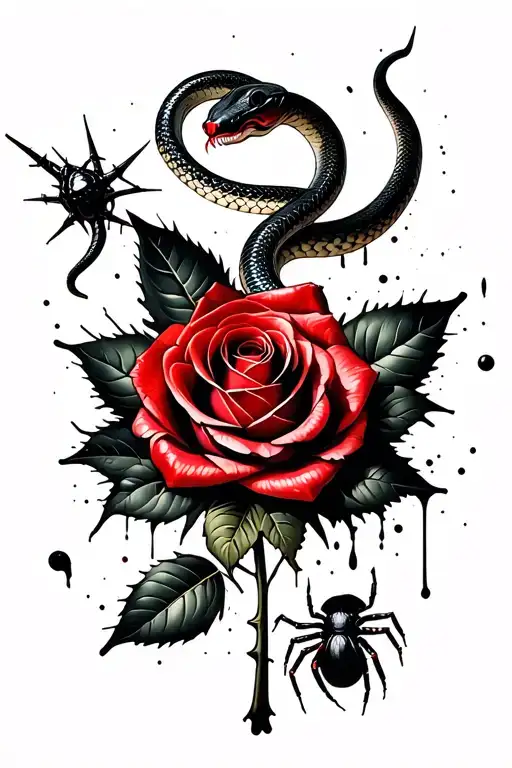 Snake Wrapped Around A Rose With Thorns And A Spider On The Leaf