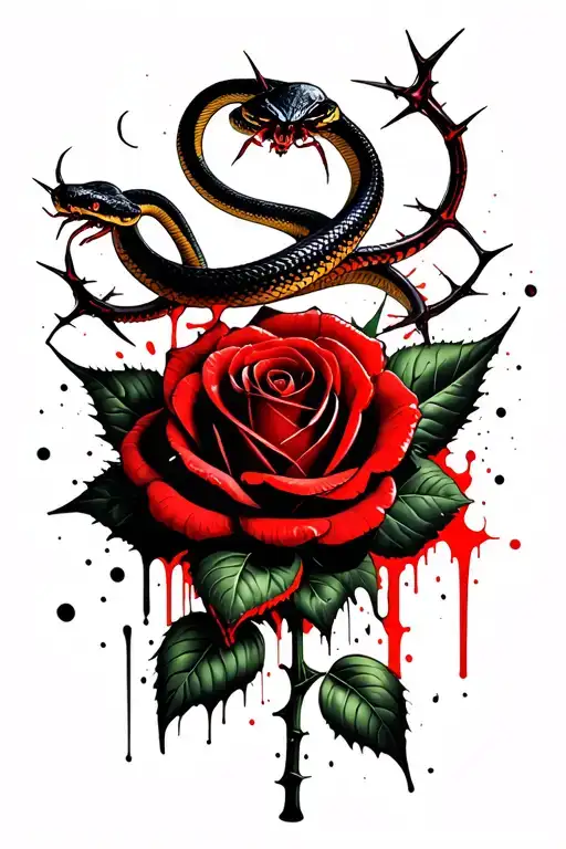 Snake Wrapped Around A Rose With Thorns And A Spider On The Leaf