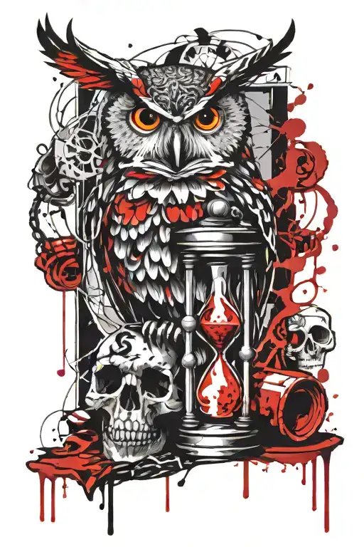 Chained Owl Sits On Hourglass With Skull