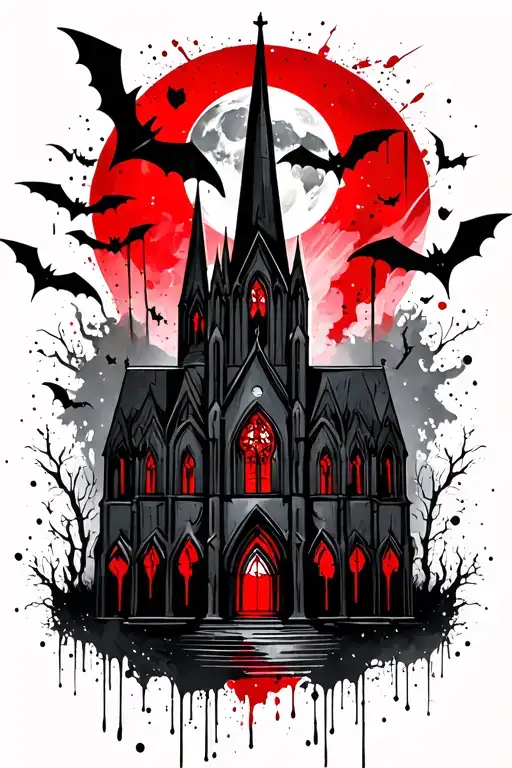 Gothic Church With Moon And Bats Flying
